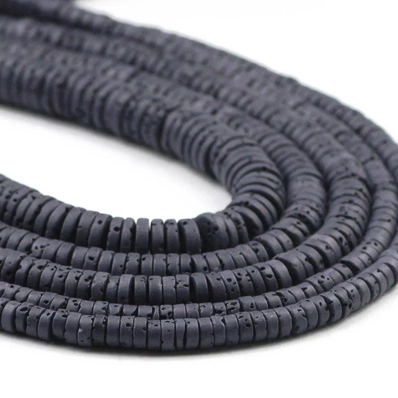 Natural Black Volcanic Lava Stone Beads  4 6 8mm Flat Round Rock Loose Spacer Beadsfor Jewelry Making DIY Bracelets Necklace15\'\'