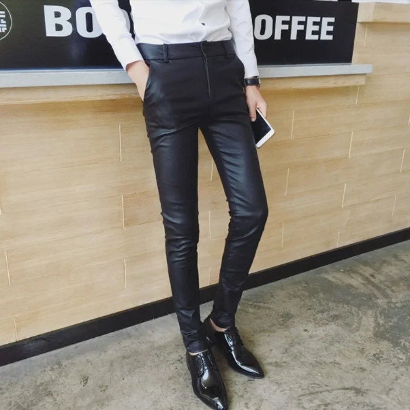 

Mens Summer Pu Leather Pants Fashion Korean Skinny Pencil Pants Stretchy Office Work Casual Long Trousers Leather Biker Pants