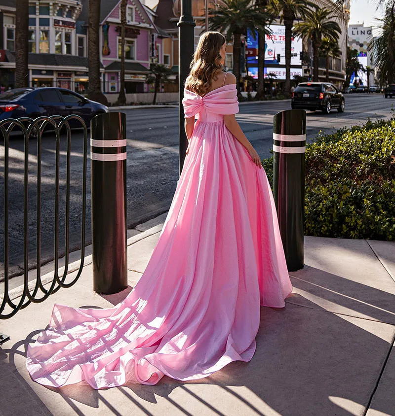 V Neck Pink Arabic Evening Dress Sexy Off The Shoulder Pleats Formal Women Party Night Long Prom Gowns Side Split Party Dress