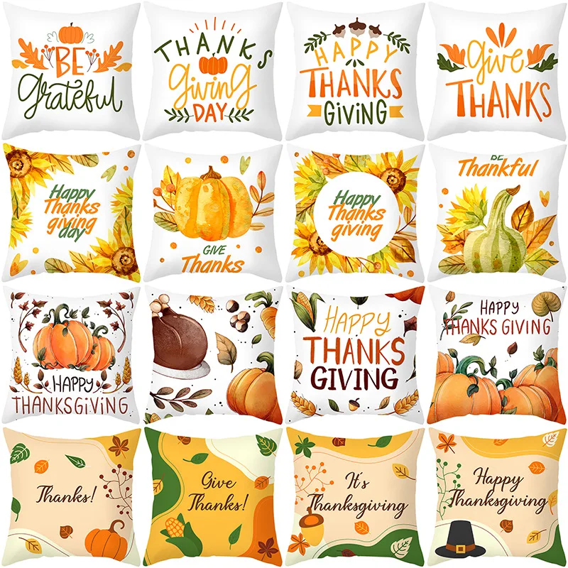 Thanksgiving Colorful Cushion Cover Thanks for Giving Good Harvest Holiday Decor Pillow Cover Pumpkin Printed Throw Pillowcase