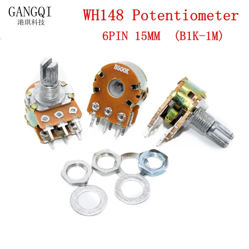 5PCS 15mm WH148 6Pin B1K B2K B5K B10K B20K B50K B100K B250K B500K B1M Potentiometer 1K 2K 5K 10K 20K 50K 100K 250K 500K 1M