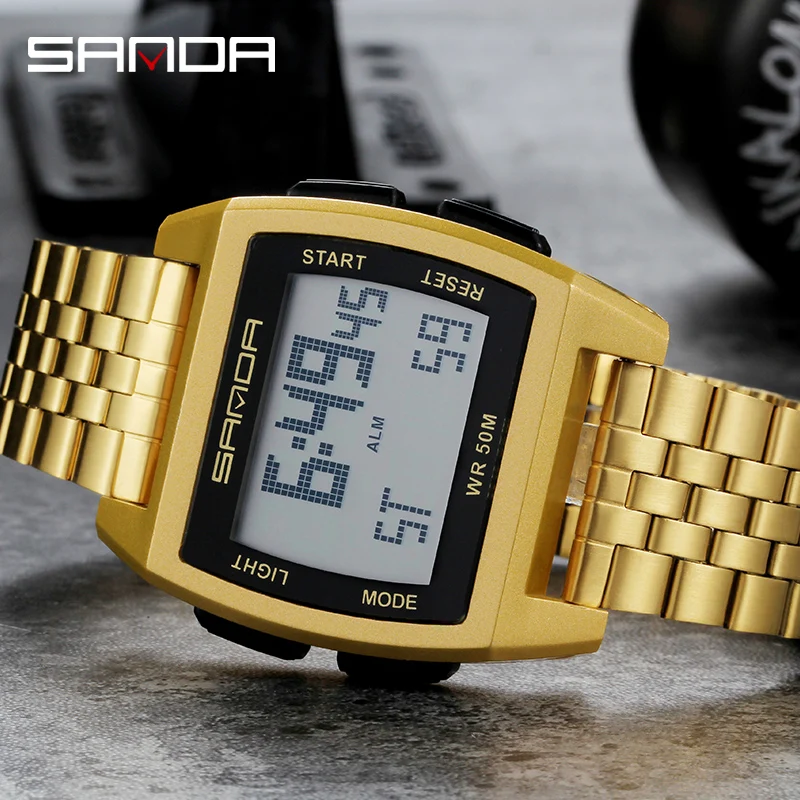 SANDA Fashion Electronic Watch Luxury Stainless Steel Band Digital Watches For Man Waterproof Stopwatch Led Light Alarm Clock