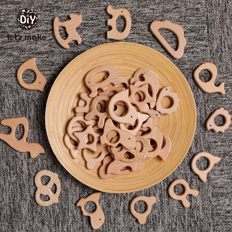 Let\'s Make 20pcs Wooden Teethers Beech Wood Animal Natrual Wholesale DIY Bracelet Chain Accessories New Born BPA Free Elephant