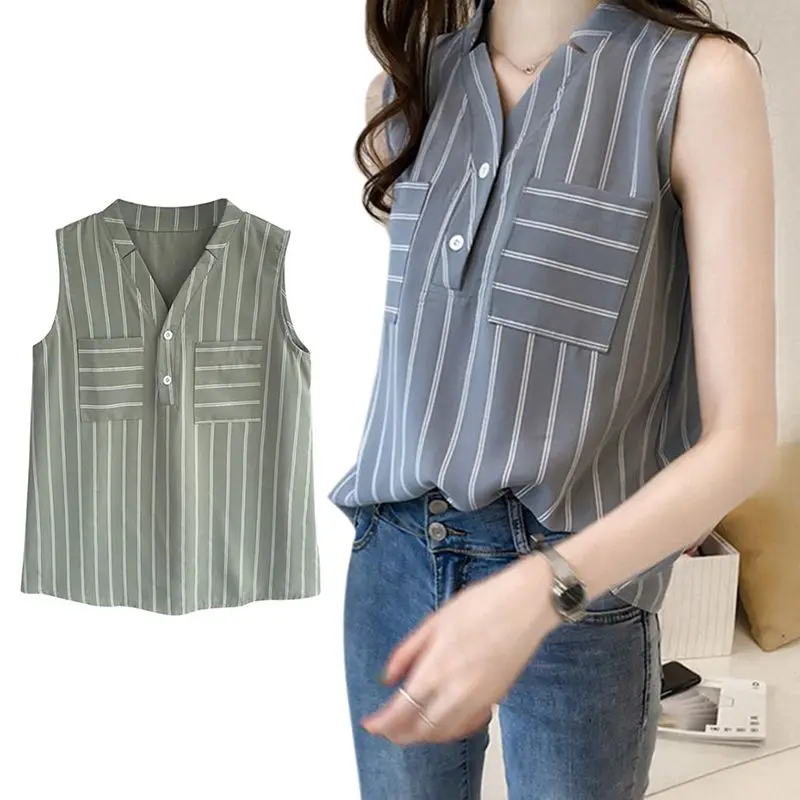 Women V-Neck Single-Row Button Vest Shirt  Stripe Print Pleated Sleeveless Slim Chiffon Tops W1