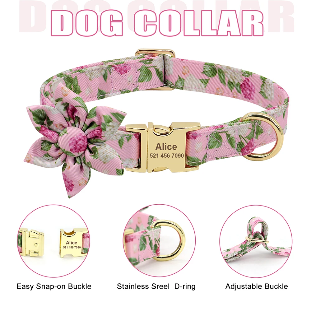 3pcs/Set Personalized Dog Collar Leash Harness Treats Bag Floral Pet Engraved Collar Poop Bag Holder For Small Medium Large Dog