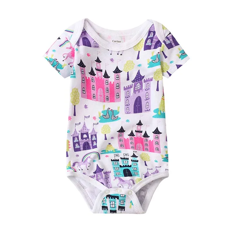 Newborn Bodysuits Baby Girl Clothes Summer Short Sleeve Cute Cartoon Pink Print Infant Clothing