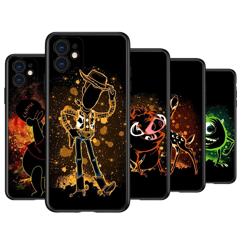 Disney Cartoon Art Cover For Apple iPhone 15 14 13 12 11 Pro Max Mini XS X XR 7 8 6 Plus 5S Silicone Black Phone Case