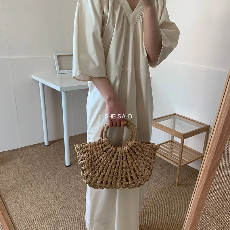 NEW Fashion Women Tote Bag Rattan Cotton Rope Hollow Straw Woven Summer Beach Bag Casual Handmade Female Shoulder Bags Sac