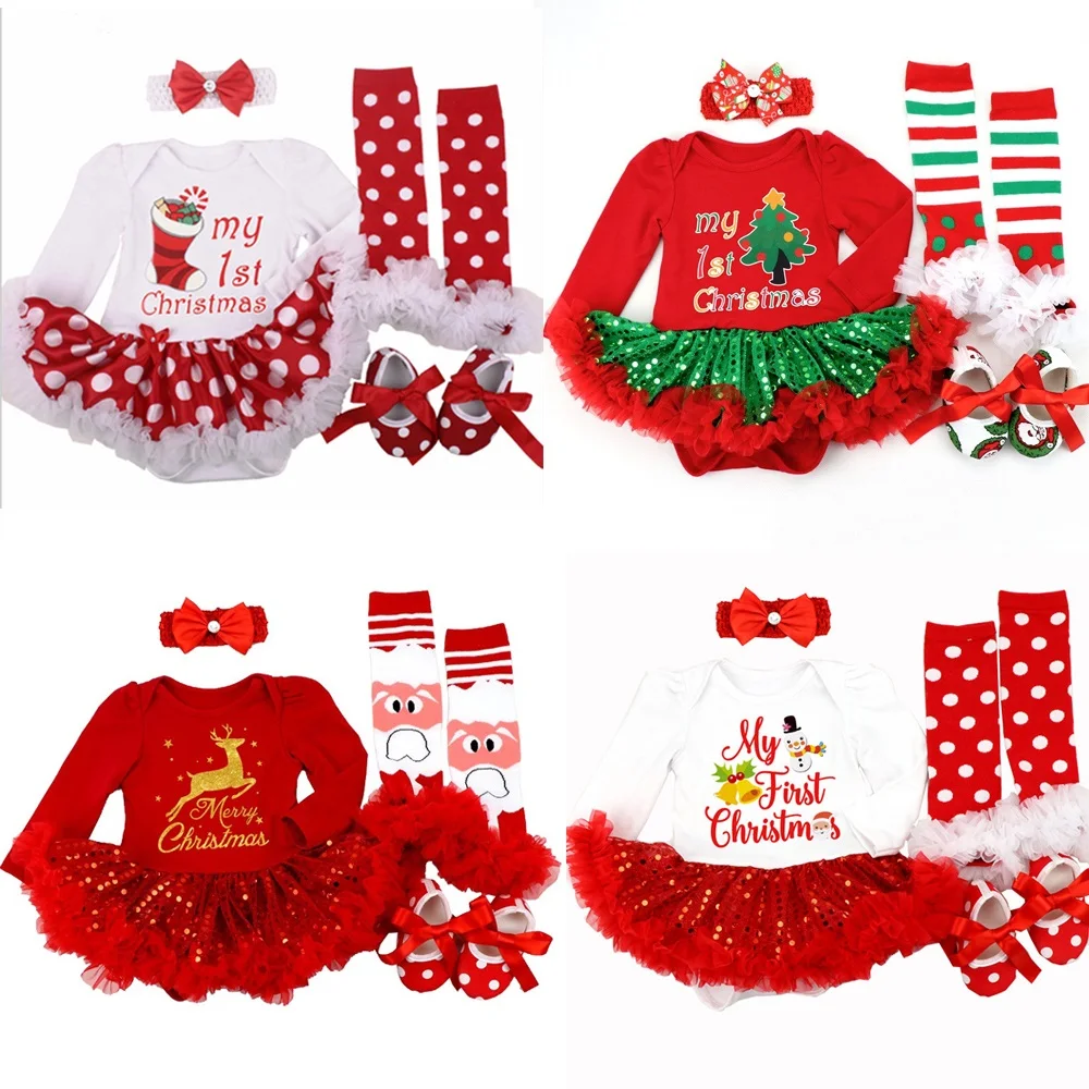 

Christmas Baby Girl Clothes Newborn My First Christmas Costume Roupa Baby Tutu Rompers Girls Dress Infant Lace 4pcs Clothing Set