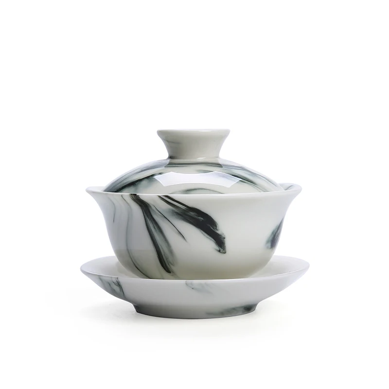 Hand-painted White Porcelain Covered Bowl, Teacup Ink Series, Kung Fu Tea Set, Ceramic Ancient Large Sancai Bowl, NO.YZ76
