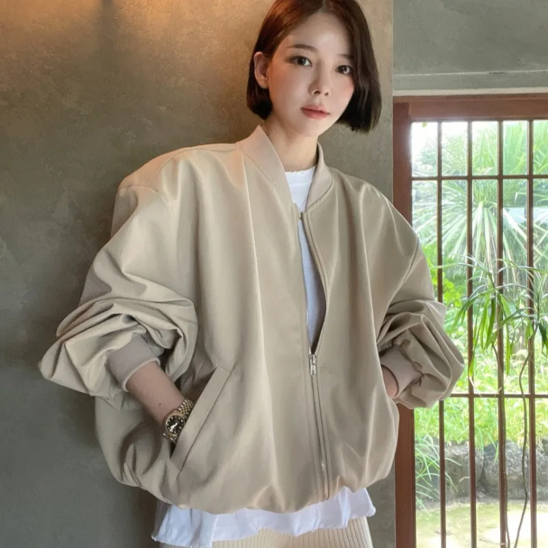 Bf Style Oversize Baseball Jacket For Women Streetwear Chic Casual Loose Jacket Ladies Oversize Solid Color Outwear Top