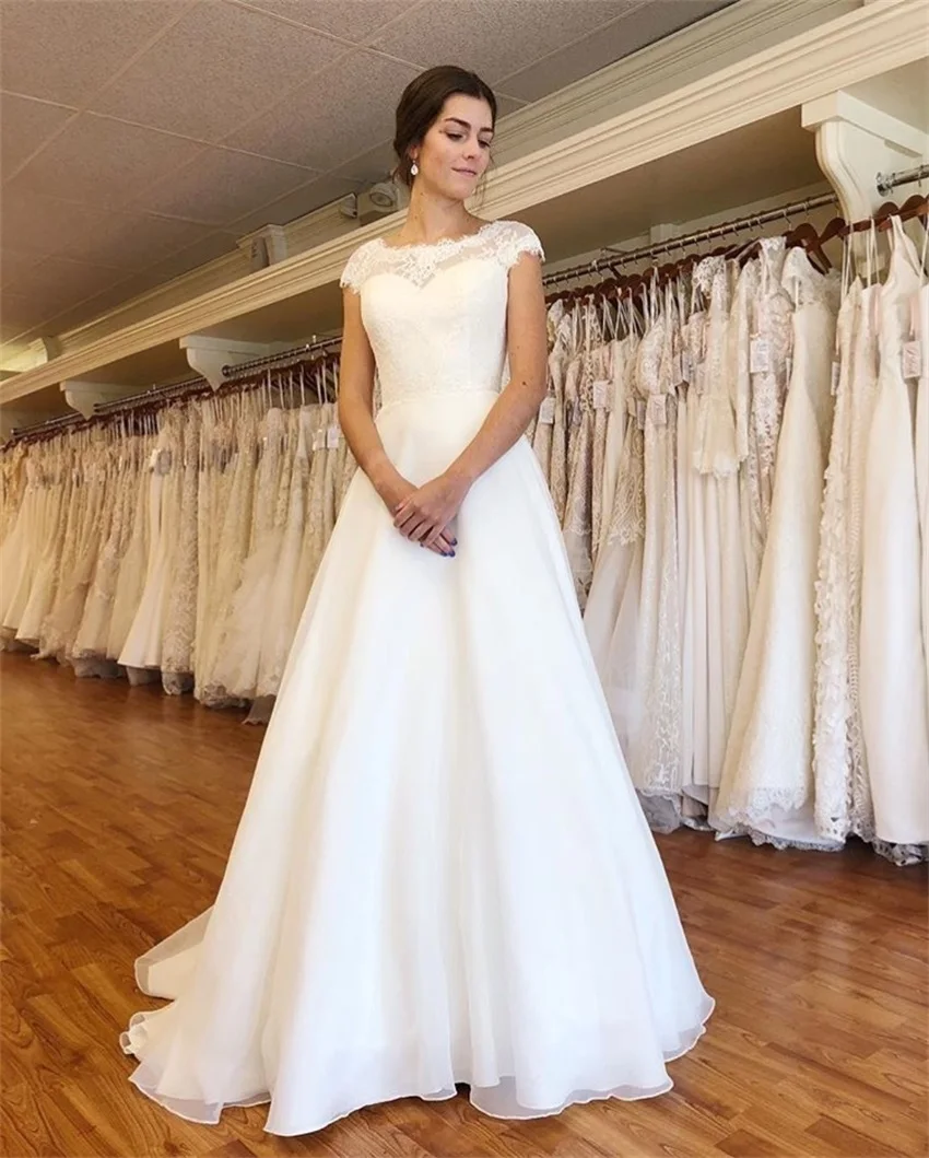 Vestidos De Novia De encaje con mangas casquillo, línea A, longitud completa, blanco marfil, gran oferta, 2023