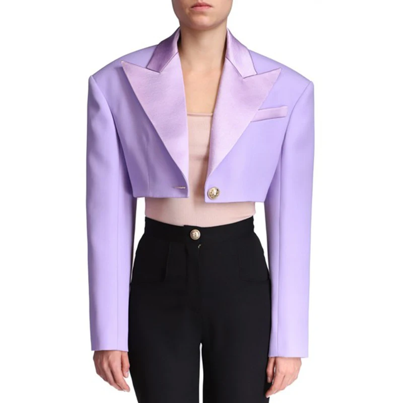 HIGH QUALITY Newest 2024 Designer Blazer Women's Extra Shoulder Satin Collar Single Button Crop Blazer Short Jacket