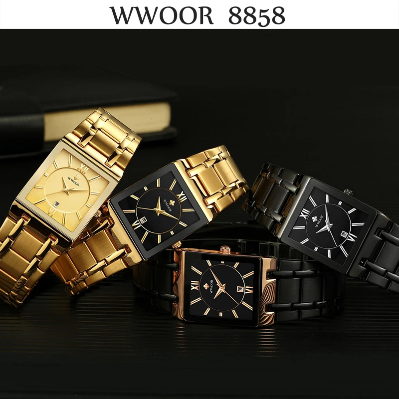 Mannen Horloges Wwoor Luxe Merk Klassieke Volledige Zwarte Rechthoek Mannen Horloge Waterdicht Roestvrij Staal Quartz Horloge Voor Mannen 8858