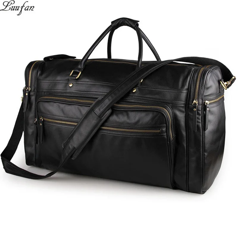 

Genuine Cow Leather Mens Travel Bag Waterproof Leather Overnight Bag For Male Hand Luggage Men Weekend Bag Business Duffel Black
