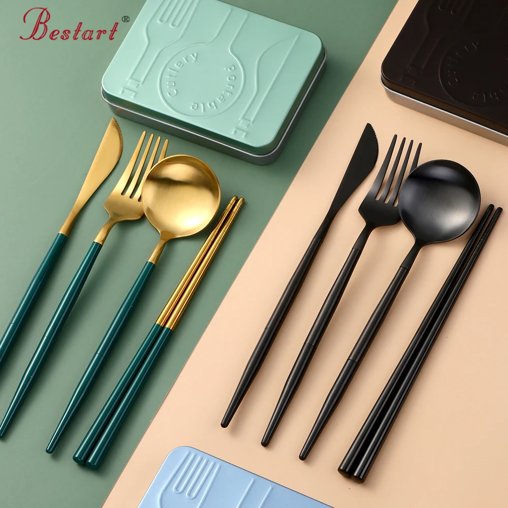 Western Stainless Steel High-end Tableware Set New Travel Portable Cutlery Knife Fork Spoon Chopsticks Dinnerware With Box