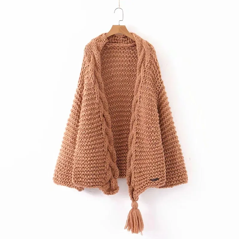 Autumn and Winter handmade stick needle tassel knitted cardigan coat blogger ins sweater for women warm loose K875