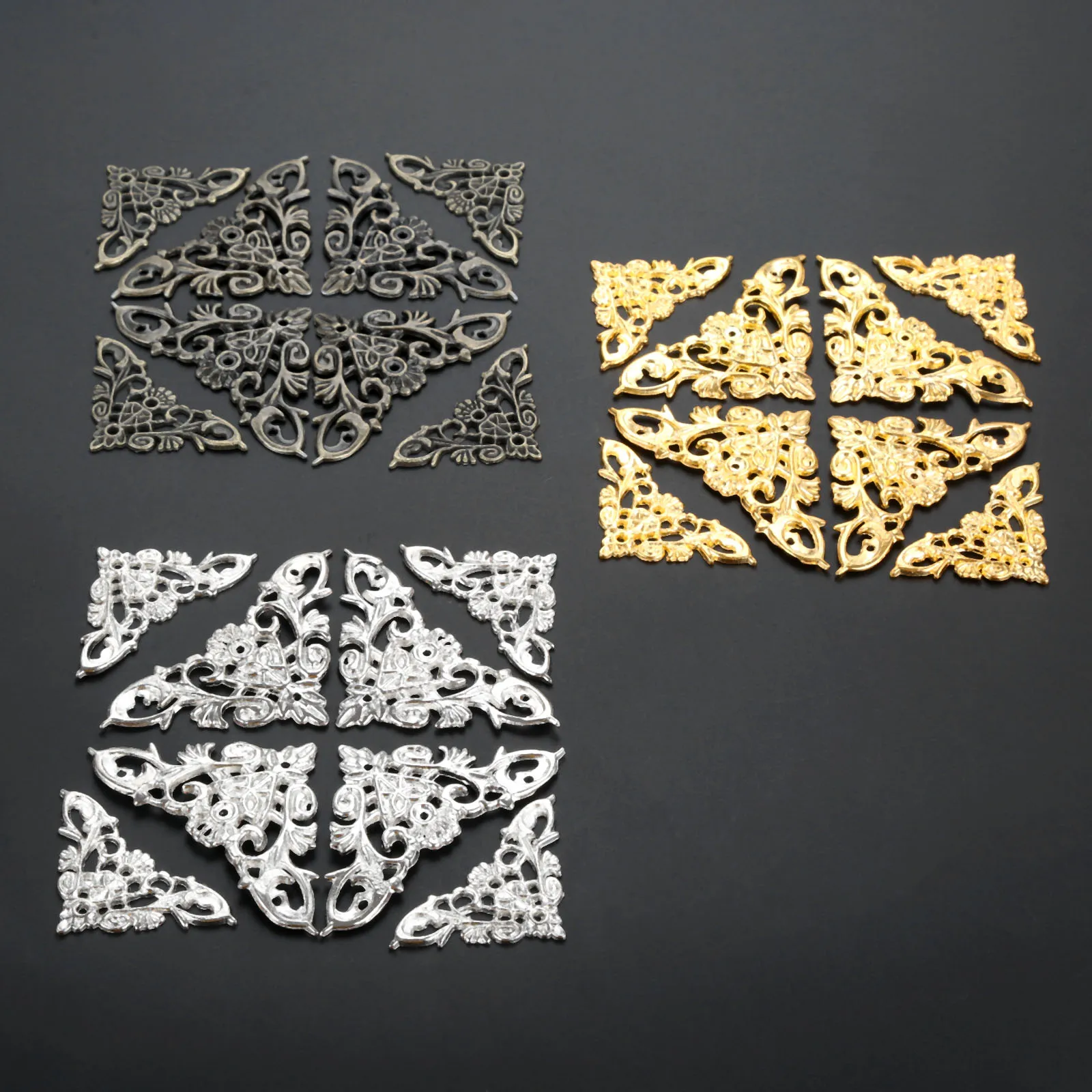 4pcs Hollow lace Corner Protectors Antique Bronze/Gold/Silber Feet Wood Case Desk Leg Decor Guard Retro Bracket w/nails 35/46mm