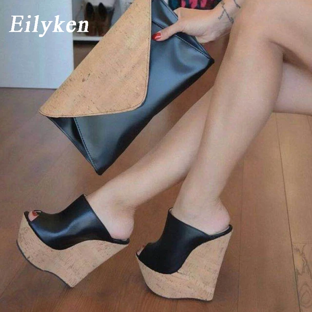 Newest Peep Toe Platform Wedge Slippers Black Summer Shoes Woman Sexy Super High Sandal Slippers Black 35 42 Mules Women s Slippers AliExpress