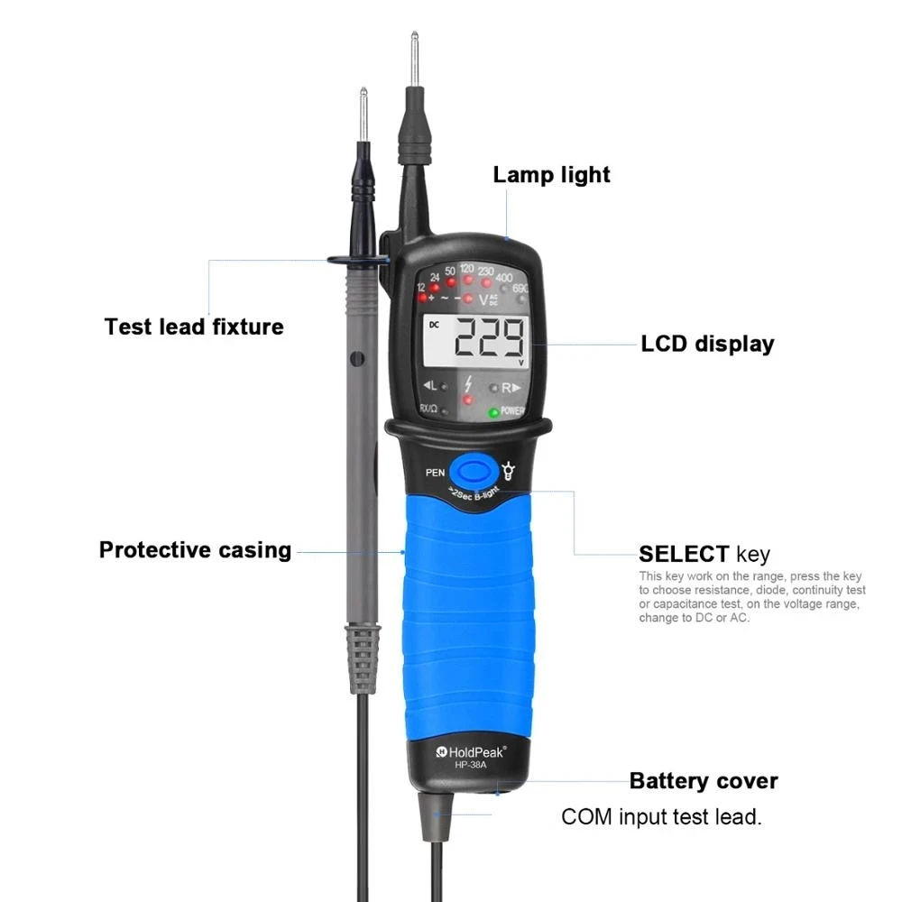 HoldPeak HP-38A LCD Elektroniczny tester napięcia prądu Cyfrowe automatyczne wyłączanie AC/DC z niskim zużyciem baterii — zdjęcie 3