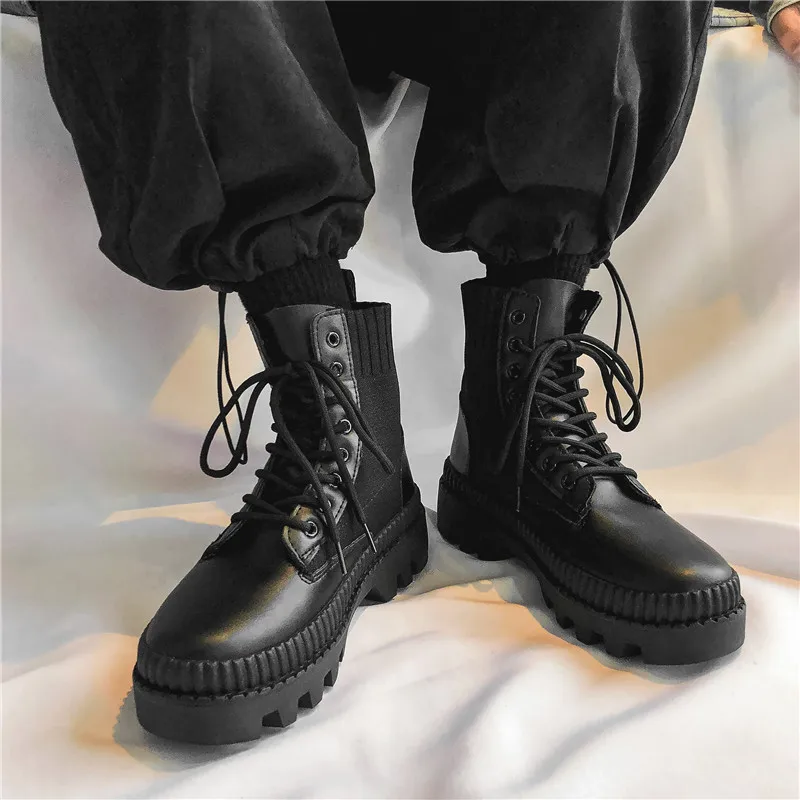 

Autumn Winter Leather Men's Boots Platform Fashion Sock Ankle Boots Men High Top Black Casual Outdoor Sports Shoes Male 2023 New