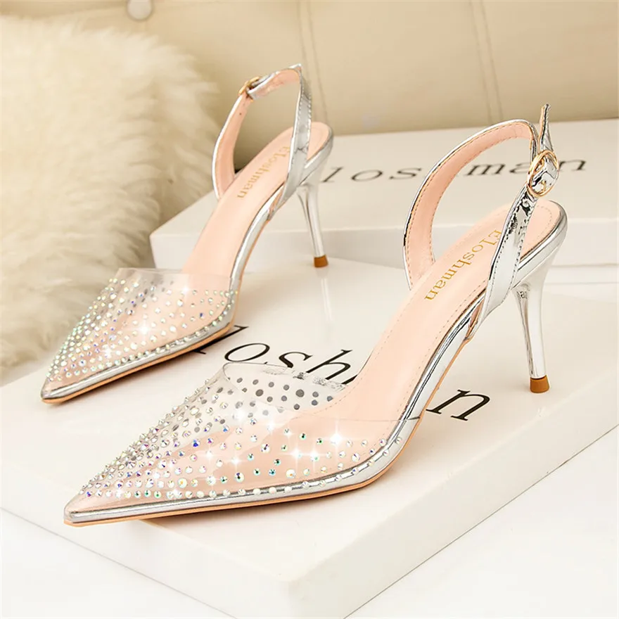 2024 transparente Strass Mode Sandalen für Frauen Rückens chnalle High Heel Schuhe spitzen Zehen Kristall flache Damen Kleid Pumps