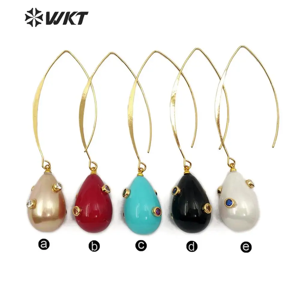 WT-E556 Natural Pearl Shell&CZ Pave Earring  Waterdrop Shape Color Plating Colorful  Cute Earring Sea Shell Charm Jewelry