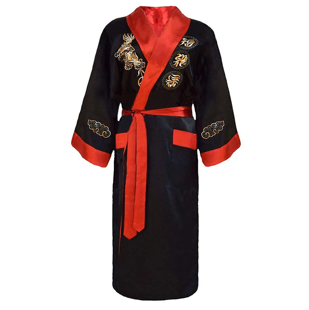 Red Black Chinese Men Reversible Satin Robe Embroidery Dragon Kimono Bathrobe Gown Two-side Nightwear Silky Loose Sexy Sleepwear