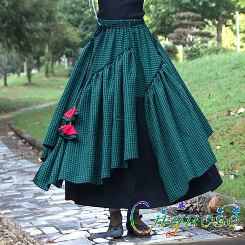 National Cotton and Linen Plaid Casual Cottagecore Pleated Asymmetrical Skirt Women Skirts Splicing Green Women\'s Long skirt