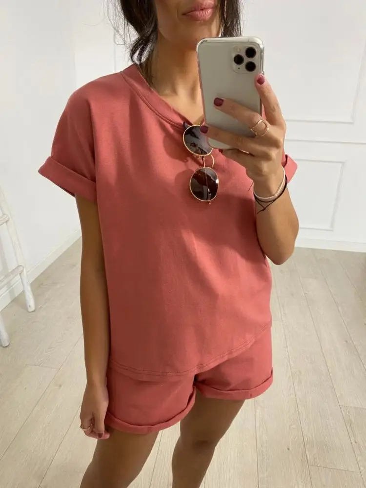 Summer Cotton Sets Women Casual Two Pieces Short Sleeve T Shirts and High Waist Short Pants Solid Outfits Tracksuit