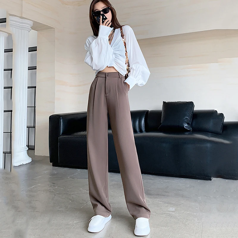 

Women Korean Fashion Straight Pants Spring Autumn 2021 Streetwear Casual High Waist Zipper Fly Full Length Female Trousers Mujer