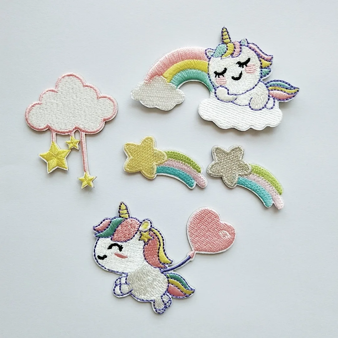 Self-adhesive Cartoon Unicorn Rainbow Star Embroidery Iron Patches for Clothing Sticker on Clothes Hole Repair Appliques Stripes