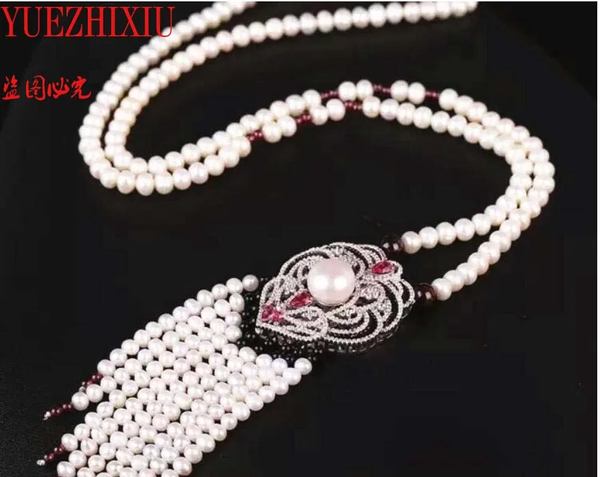 

Hot sell new style 43cm 8-9mm white freshwater pearl necklace zircon sweater chain tassel High tassel pendant 25inch