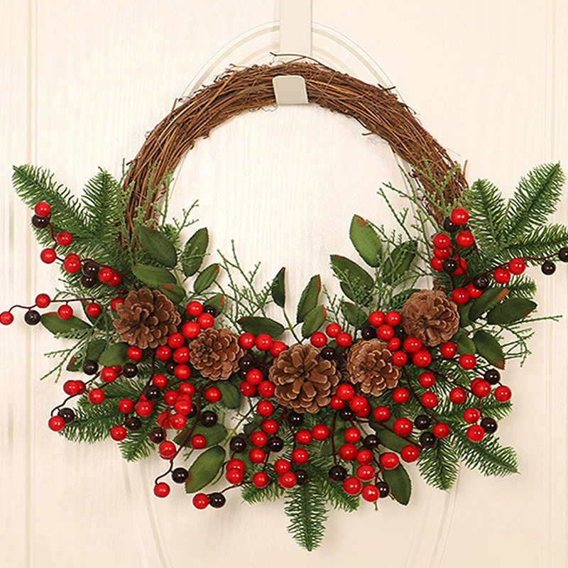 Christmas Rattan Wreath Pine Natural Branches Berries&Pine Cones  Christmas Wreath Supplies Home Door Decoration For New Year\'s