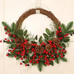 Christmas Rattan Wreath Pine Natural Branches Berries&Pine Cones  Christmas Wreath Supplies Home Door Decoration For New Year's