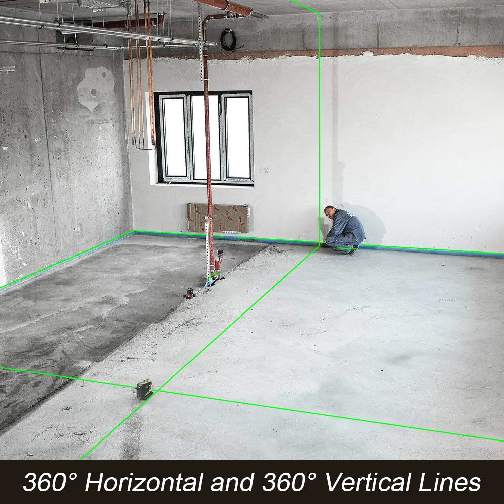 Huepar 12 Lines 3D Cross Line Laser Level Self-Leveling 360 Vertical & Horizontal Green Beam USB Charge Use Dry & Li-ion Battery