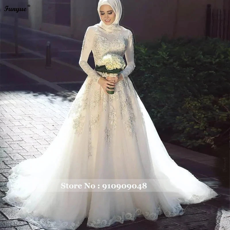 Weiß Muslimischen Arabisch Brautkleid Lange Hülse Spitze Appliques EINE Linie Tüll Vestidos De Noiva Elfenbein Hijab Braut Braut Kleid 2021