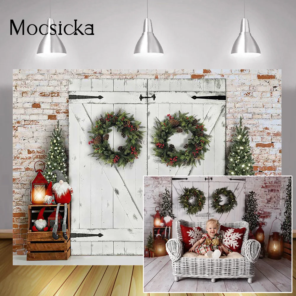 

Photography Christmas Birthday Backdrop Winter Retro Wood Backdrop Wreath Brick Wall Xmas Headboard Portrait Photo Studio Props