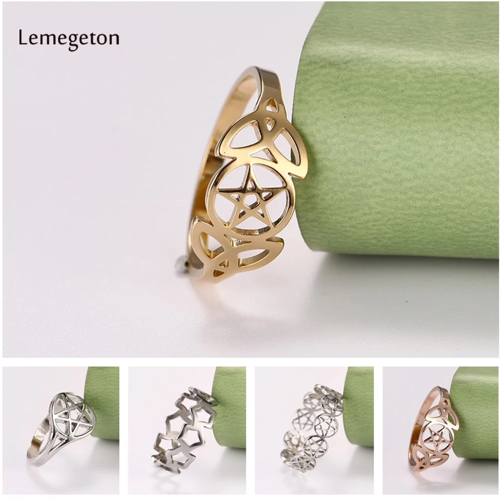 Lemegeton Vintage Supernatural Pentacle Stainless Steel Ring for Women Girl Satan Star Pentagram Rings Wicca Jewelry Amulet Gift