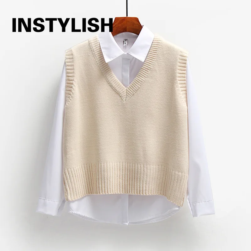 Women Sweater Vest Elegant V Neck Knitted Waistcoat Korean Harajuku Solid Loose Pullover Sleeveless Jacket Knit Top Outwear
