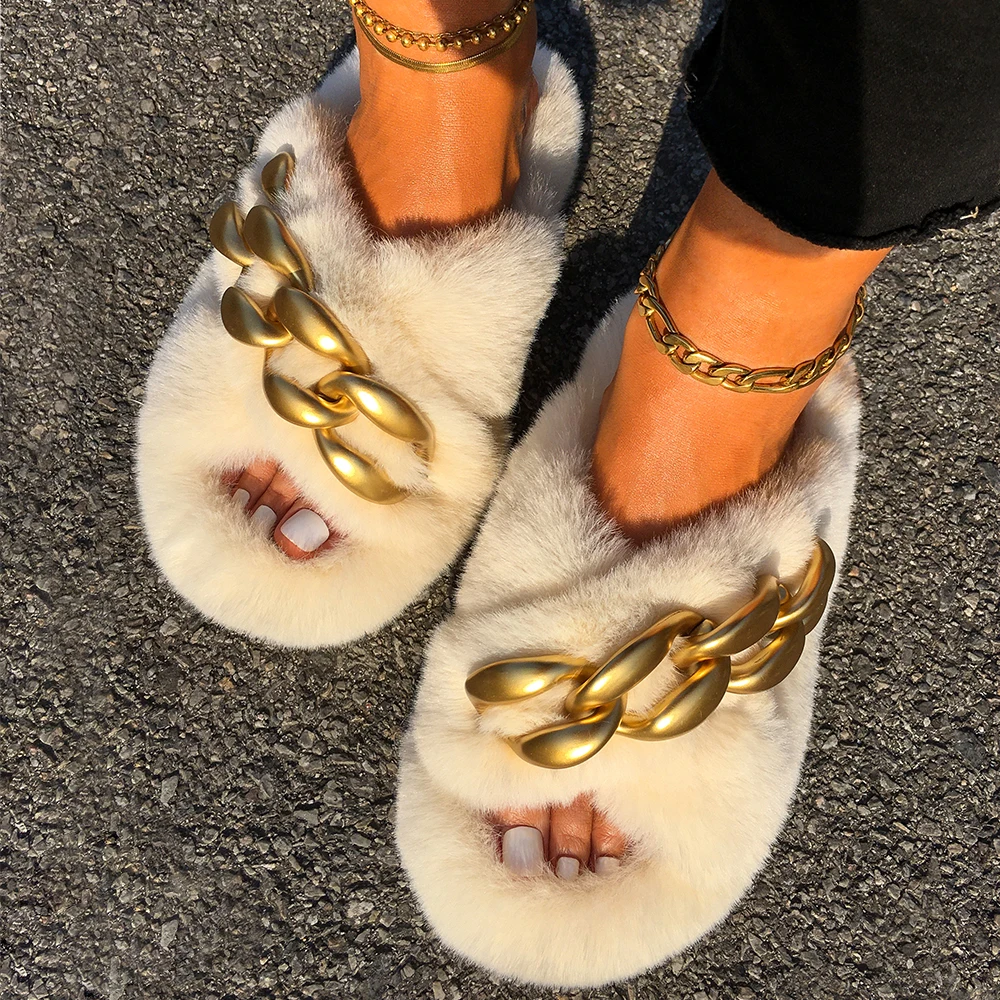 Fluffy Slippers Glitter Crystal Furry Slides Designer Gold Chain Flat Casual Shoes Women\'s Summer Flip-Flops Comfortable Sandals