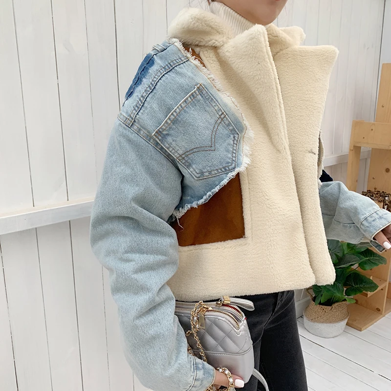 ECRURANI Colorblock Patchwork Denim Coat Female Lapel Collar Long Sleeve Pockets Short Coats For Women 2021 Winter Clothing New