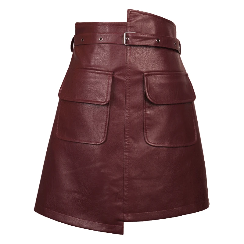 2023 wine red New Slim High Waist Women Pu Leather Skirt Office Lady Mini Skirt Ladies Casual A-line Short Skirts