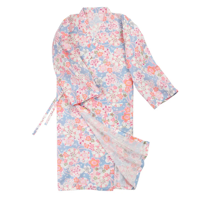 

Cotton Kimono Pajamas 2022 Summer New Soft Floral Printing V-Neck Loose Lacing Cardigan Robes Japanese Style Ladies Sauna Yukata