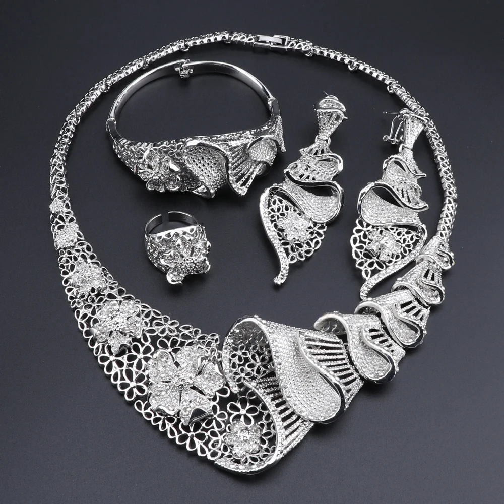 CYNTHIA African Nigerian Wedding Bridal Jewelry Sets Dubai Silver Plated Crystal Necklace Bracelet Earrings Ring Set for Women