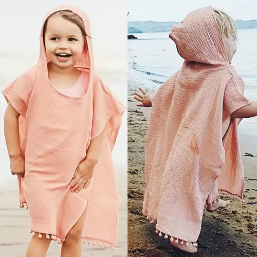 Vestido largo con capucha para niños pequeños, ropa de playa, Color sólido, sin mangas, con borlas, 1 a 4 años, 2021