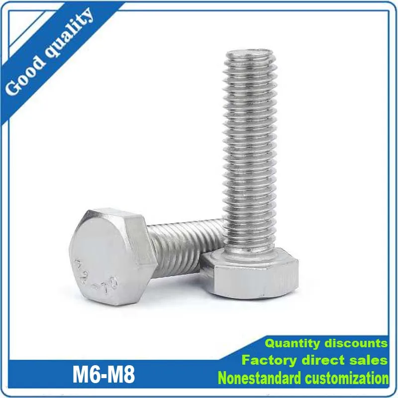 10pcs A2 304 Stainless Steel Metric Threaded DIN933 External Hex Hexagon Head Cap Screw M6 M8 Bolt Thread Diamater 6mm 8mm