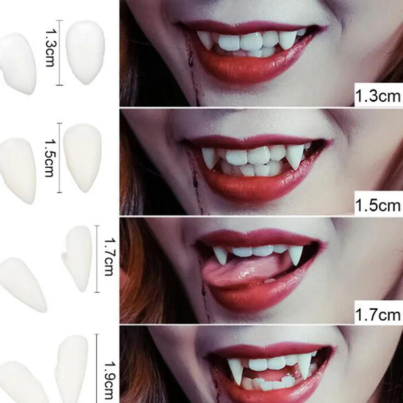 1 par de colmillos de dientes de vampiro, accesorios para dentaduras postizas, accesorios para disfraz de Halloween, pegamento sólido, adhesivo para