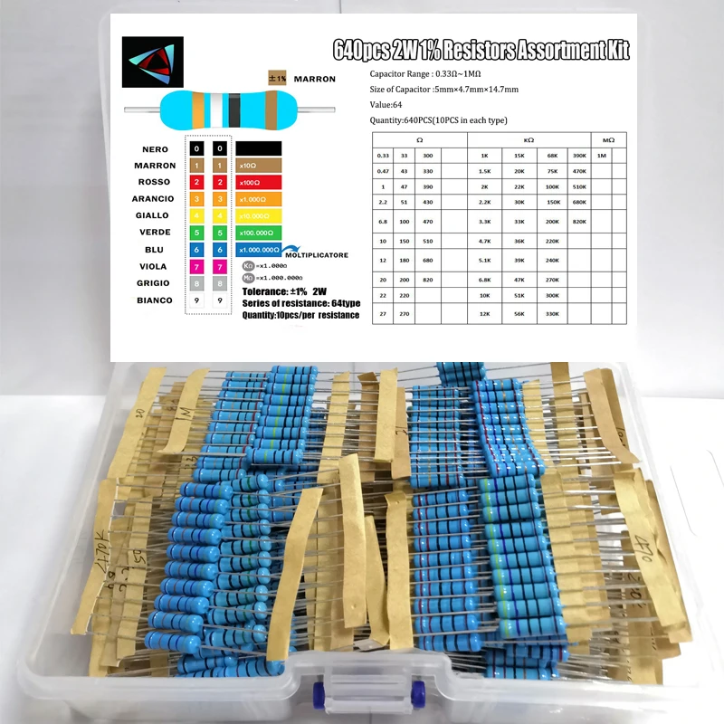 640Pcs 2W 1% 0.33R-1M 64ValuesX10Pcs Metal Film Resistor Kit Set