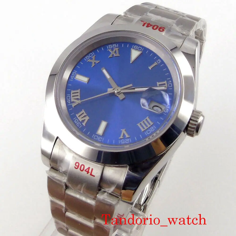 

40mm Blue Sterile Dial Date MIYOTA 8215 Movement Automatic Men's Watch Steel Bracelet Cyclops Sapphire Crystal